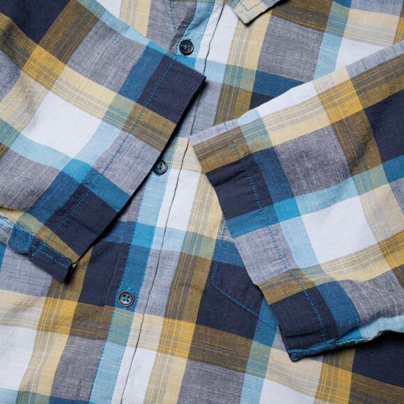 Prana Benton Blue Yellow Plaid Slim Fit Short Sleeve Button Down Shirt Mens L - Picture 7 of 13